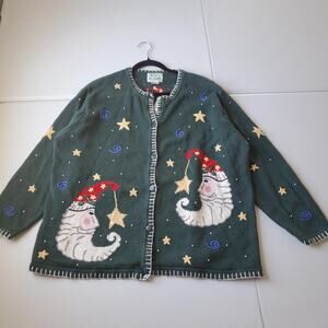 Quacker Factory Sweater Womens 1X Green Santa Moon Cardigan Christmas Holiday